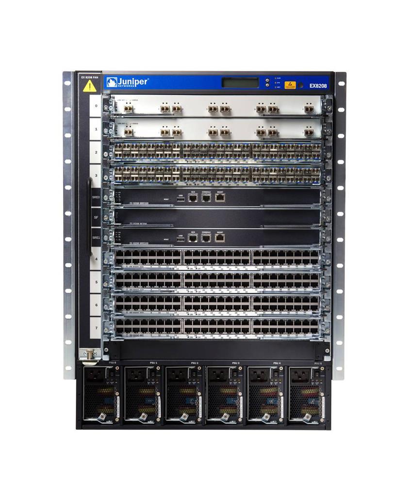 EX8208-REDUND-AC-TAA Juniper Redundant EX8208 TAA-Compliant System Configuration 8-Slot Chassis with Passive Backplane and 1x Fan Tray 2x Routing Engine with Switch Fabric 1x Switch Fabric Module 6x 2000W AC (Refurbished)