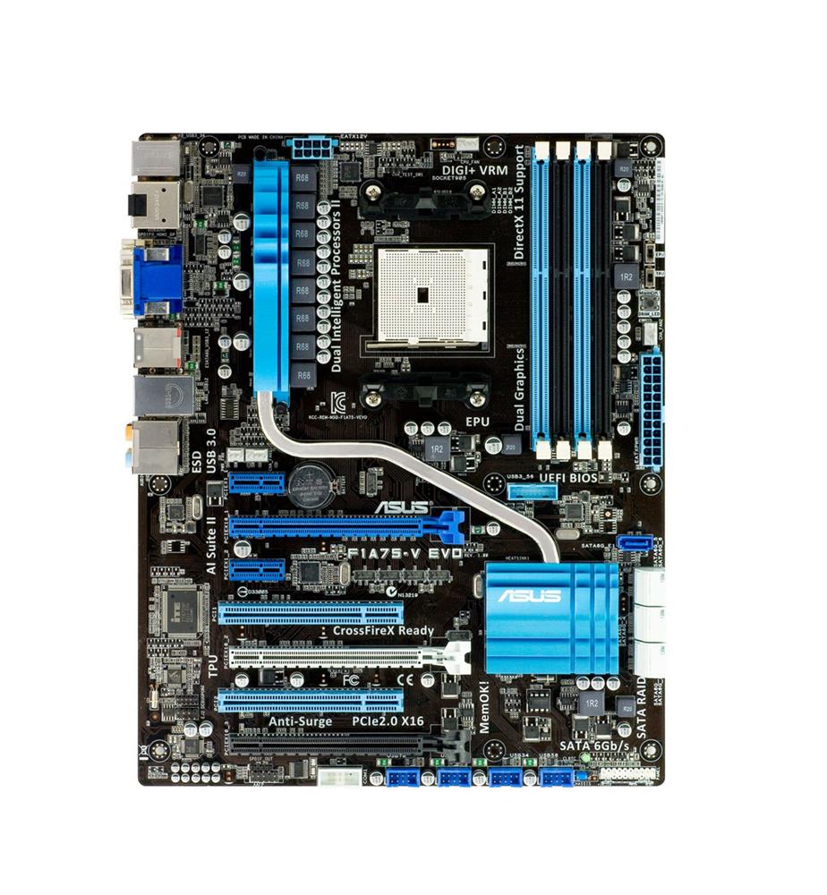 F1A75-V-EVO ASUS Socket FM1 AMD A75 FCH (Hudson D3) Chipset AMD A-Series/E2-Series Accelerated Processors Support DDR3 4x DIMM 6x SATA 6.0Gb/s ATX Motherboard (Refurbished)