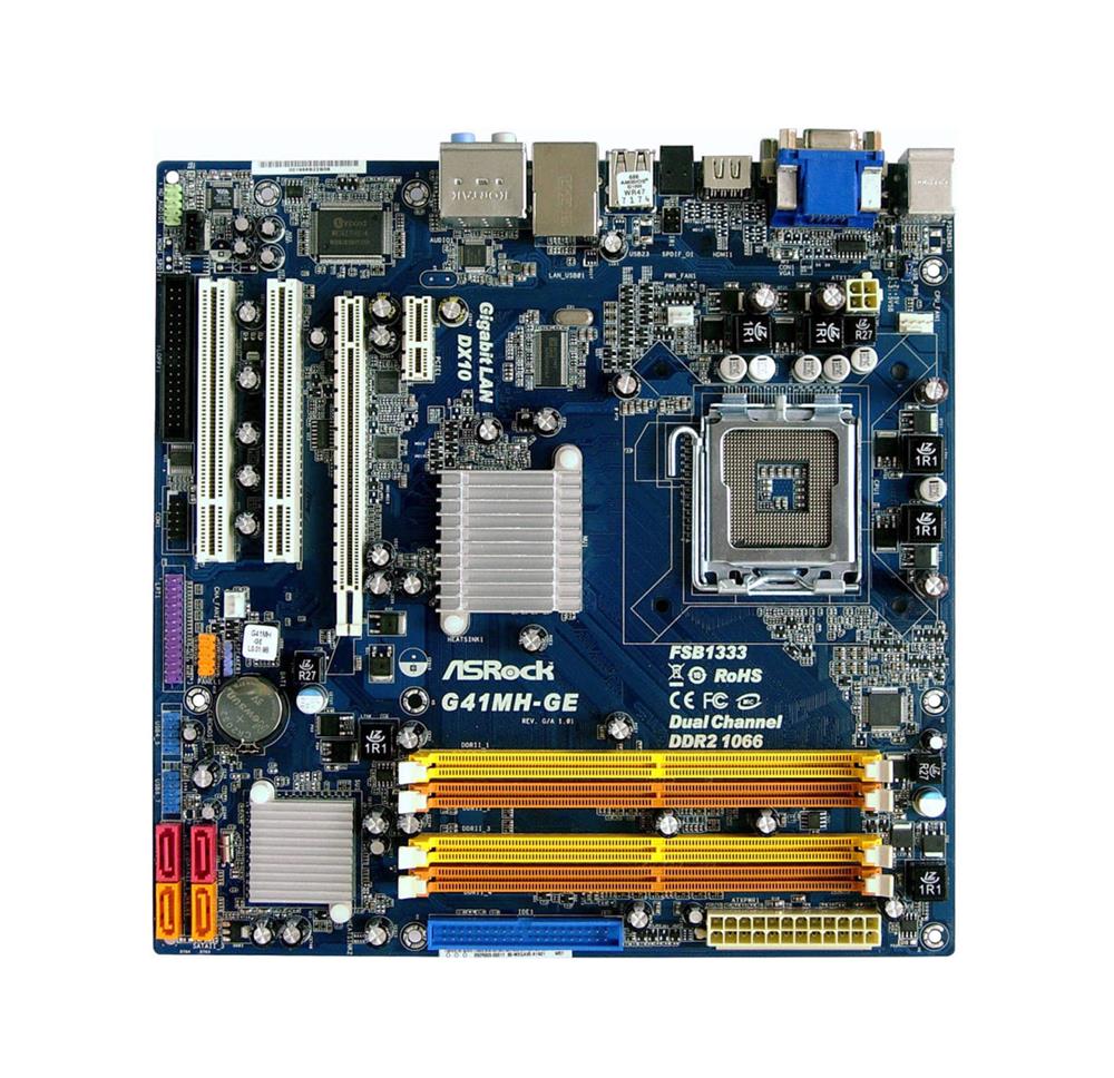 G41MH-GE-BO-R ASRock G41MH-GE Socket LGA 775 Intel G41 + ICH7 Chipset Core 2 Extreme/ Core 2 Quad/ Core 2 Duo/ Pentium Dual-Core/ Celeron Dual-Core/ Celeron Processors Support DDR2 4x DIMM 4x SATA2 3.0Gb/s Micro-ATX Motherboard (Refurbished)