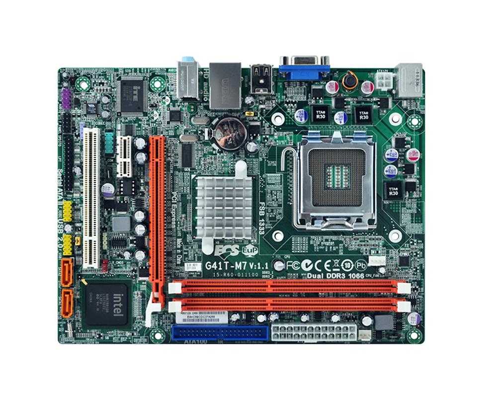 G41TM7V11 ECS Socket LGA 775 Intel G41 + ICH7 Chipset Core 2 Quad/ Core 2 Duo/ Pentium Dual-Core/ Celeron Dual-Core/ Celeron Processors Support DDR3 2x DIMM 2x SATA 3.0Gb/s Micro-ATX Motherboard (Refurbished)