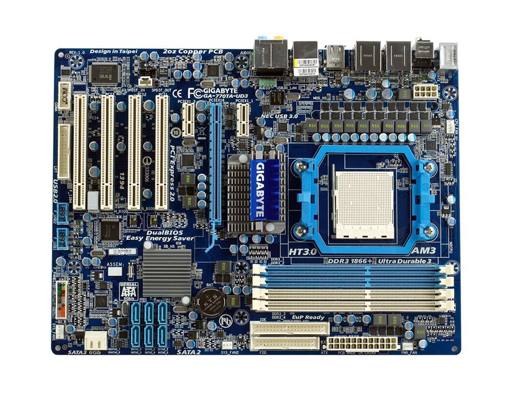GA-770TA-UD3(rev.1.0) Gigabyte Socket AM3 AMD 770/ SB710 Chipset AM3 AMD Phenom II/ AMD Athlon II/ Processors Support DDR3 4x DIMM 6x SATA 3.0Gb/s ATX Motherboard (Refurbished) GA-770TA-UD3 (rev. 1.0)