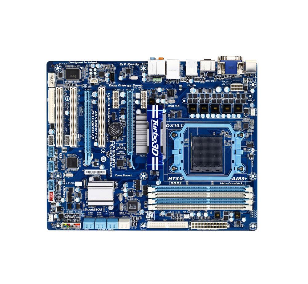 GA-880GA-UD3H Gigabyte Socket AM3+ AMD 880G/ SB850 Chipset AMD AM3+ /AM3 Phenom II/ Athlon II Processors Support DDR3 4x DIMM 6x SATA 3.0Gb/s ATX Motherboard (Refurbished)