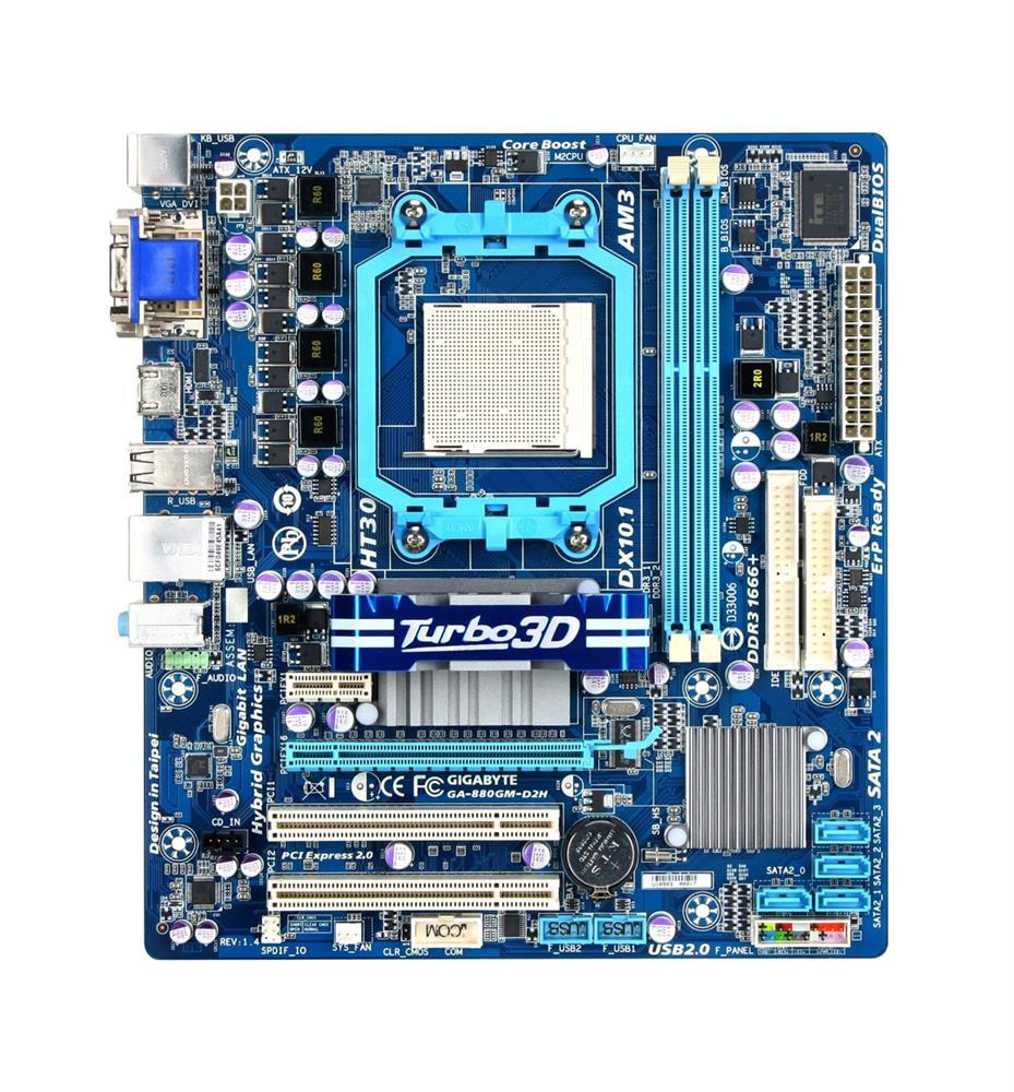 GA-880GM-D2H (rev. 4.0) Gigabyte Socket AM3+ AMD 880G/ SB710 Chipset AMD AM3 Phenom II/ Athlon II Processors Support DDR3 2x DIMM 6x SATA 3.0Gb/s Micro-ATX Motherboard  (Refurbished)