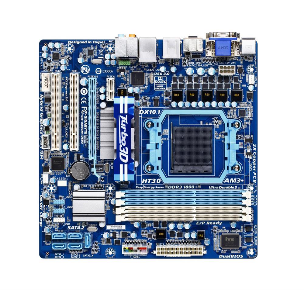 GA-880GM-USB3 (rev. 3.1) Gigabyte Socket AM3+ AMD 880G/ SB710 Chipset AMD AM3+ /AM3 Phenom II/ Athlon II Processors Support DDR3 4x DIMM 5x SATA 3.0Gb/s Micro-ATX Motherboard  (Refurbished)