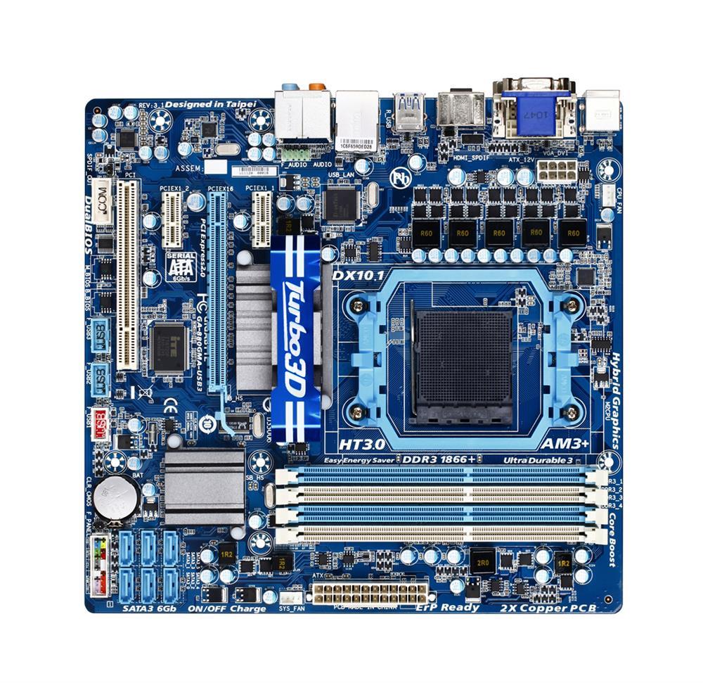 GA-880GMA-USB3 (rev. 3.1) Gigabyte Socket AM3+ AMD 880G/ SB850 Chipset AMD AM3 Phenom II/ Athlon II Processors Support DDR3 4x DIMM 6x SATA 3.0Gb/s Micro-ATX Motherboard  (Refurbished)