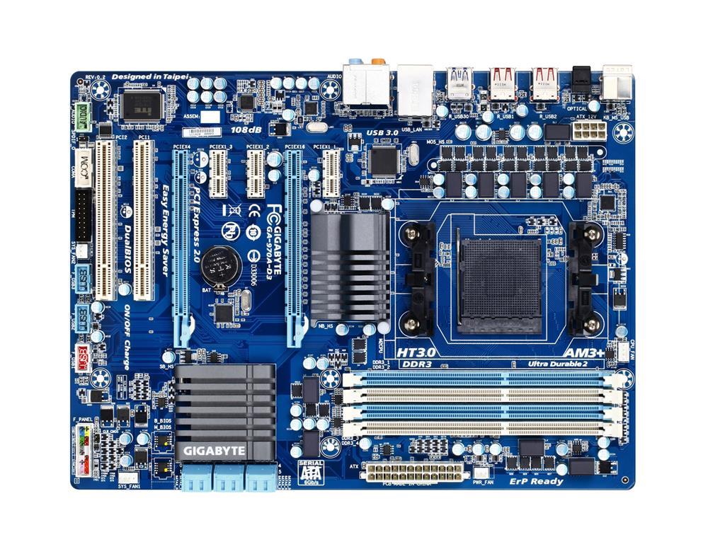 GA-970A-D3 (rev. 1.2) Gigabyte Socket AM3+ AMD 970/ SB950 Chipset AMD AM3+ FX/ AMD AM3 Phenom II/ Athlon II Processors Support DDR3 4x DIMM 6x SATA 6.0Gb/s ATX Motherboard  (Refurbished)