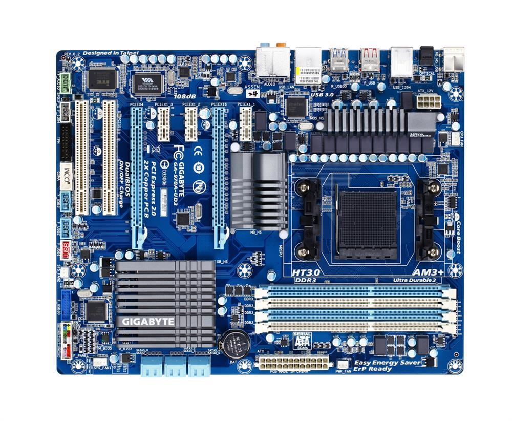 GA-970A-UD3 (rev. 1.0/1.1) Gigabyte Socket AM3+ AMD 970/ SB950 Chipset AMD AM3+ FX/ AMD AM3 Phenom II/ Athlon II Processors Support DDR3 4x DIMM 6x SATA 6.0Gb/s ATX Motherboard  (Refurbished)