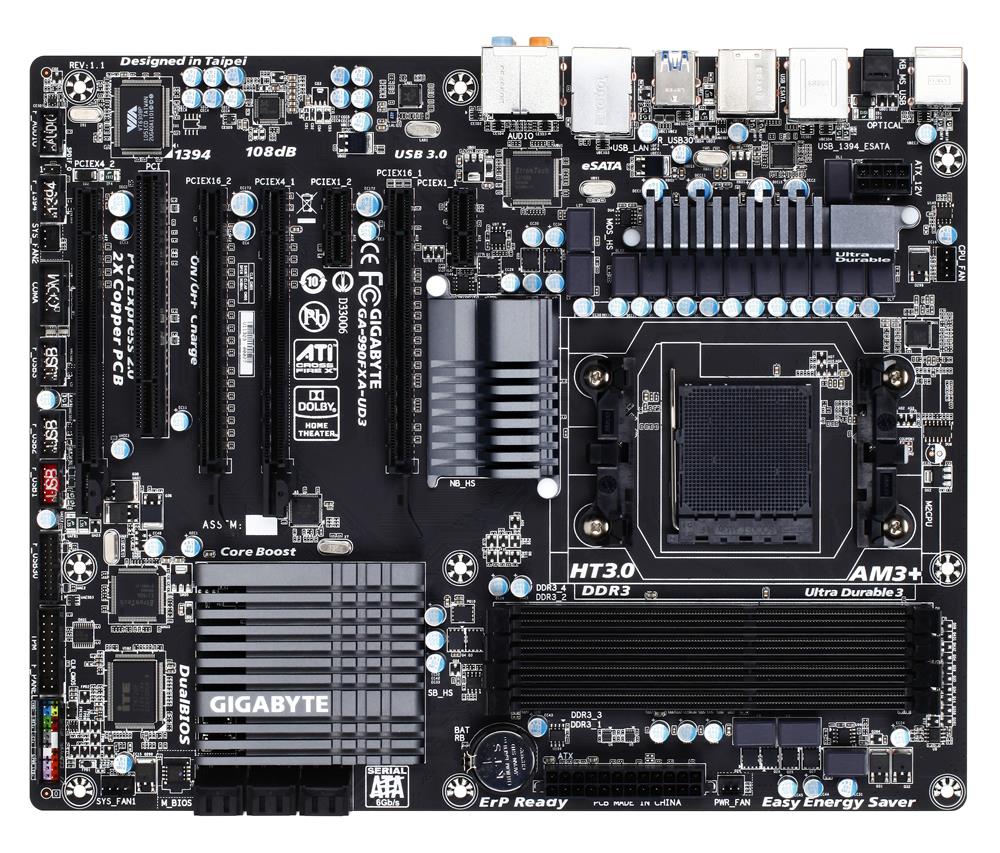 GA-990FXA-UD3 (rev. 1.1) Gigabyte Socket AM3+ AMD 990FX/ SB950 Chipset AM3+ FX/ AMD AM3 Phenom II/ Athlon II Processors Support DDR3 4x DIMM 6x SATA 6.0Gb/s ATX Motherboard  (Refurbished)