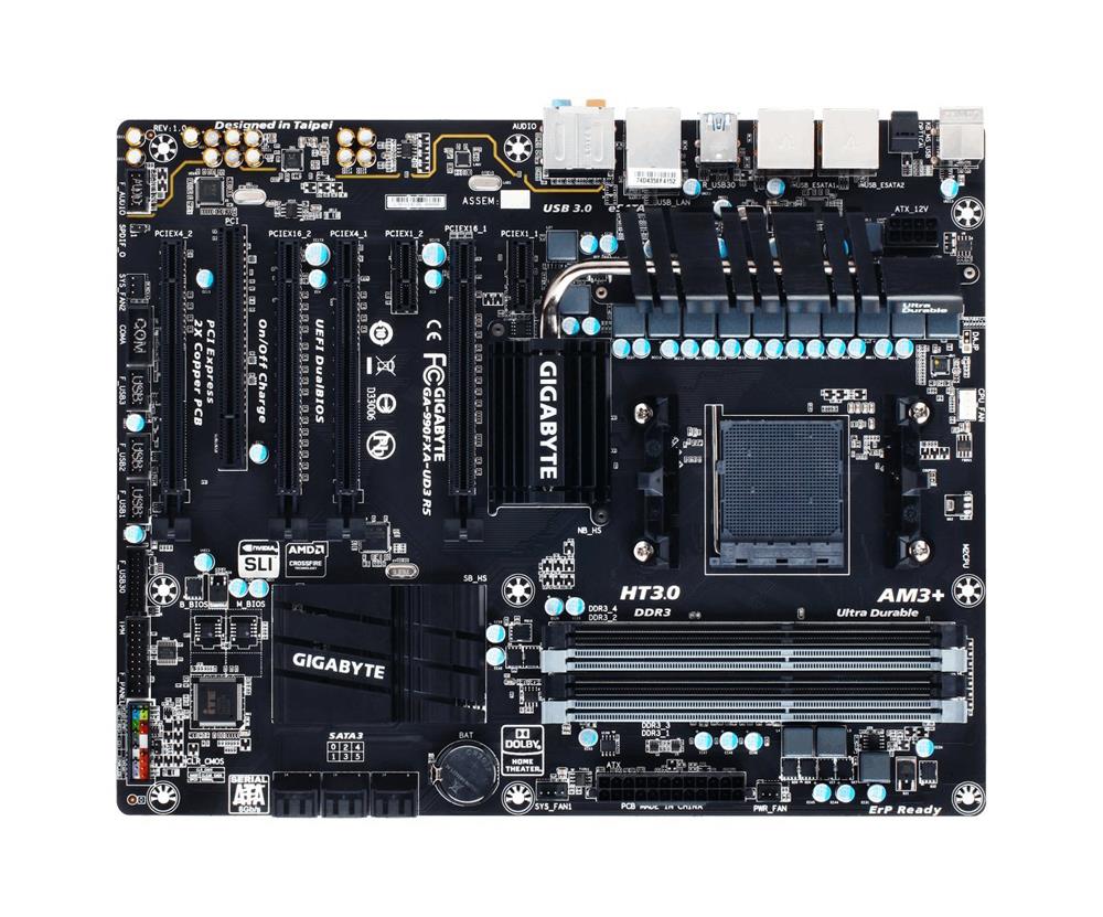 GA-990FXA-UD3R5 Gigabyte Socket AM3+ AMD 990FX/ SB950 Chipset AM3+ FX/ AMD AM3 Phenom II/ Athlon II Processors Support DDR3 4x DIMM 6x SATA 6.0Gb/s ATX Motherboard (Refurbished) GA-990FXA-UD3 R5