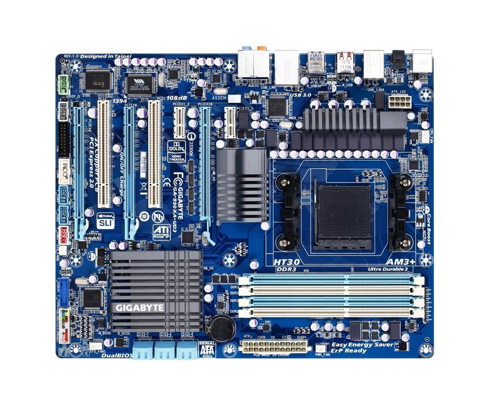 GA-990XA-UD3 (rev. 3.1) Gigabyte Socket AM3+ AMD 990X/ SB950 Chipset AMD AM3+ FX/ AM3 Phenom II/ Athlon II Processors Support DDR3 4x DIMM 6x SATA 6.0Gb/s ATX Motherboard  (Refurbished)