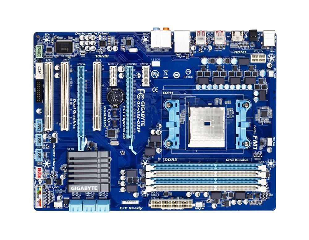 GA-A55-DS3P(rev.1.0) Gigabyte Socket FM1 AMD A75 Chipset AMD A & E2-Series Processors Support DDR3 4x DIMM 6x SATA 3.0Gb/s ATX Motherboard (Refurbished) GA-A55-DS3P (rev. 1.0)
