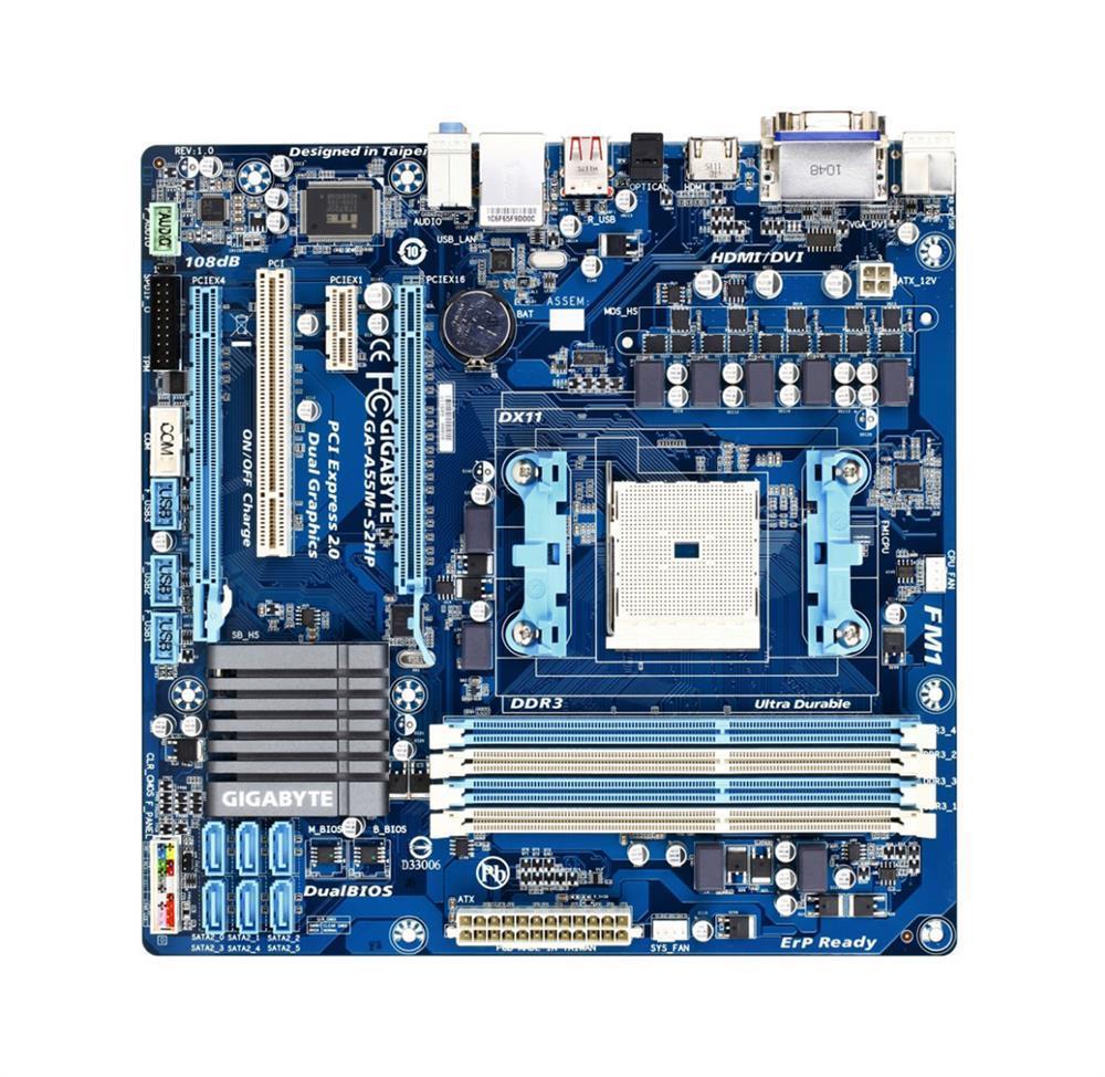 GA-A55M-S2HP(rev.1.1) Gigabyte Socket FM1 AMD A55 Chipset AMD A & E2-Series Processors Support DDR3 4x DIMM 6x SATA 3.0Gb/s Micro-ATX Motherboard (Refurbished) GA-A55M-S2HP (rev. 1.1)