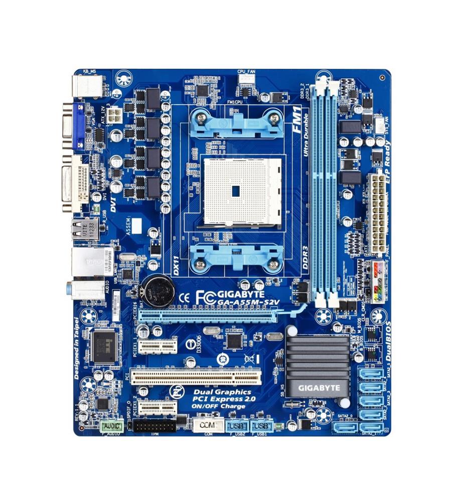 GA-A55M-S2V(rev.1.1) Gigabyte Socket FM1 AMD A55 Chipset AMD A & E2-Series Processors Support DDR3 2x DIMM 6x SATA 3.0Gb/s Micro-ATX Motherboard (Refurbished) GA-A55M-S2V (rev. 1.1)