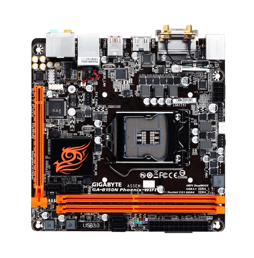 GA-B150N Phoenix-WIFI Gigabyte Socket LGA 1151 Intel B150 Express Chipset 7th/6th Core i7 / i5 / i3 / Pentium / Celeron Processors Support DDR4 2x DIMM 4x SATA 6.0Gb/s Mini-ITX Motherboard (Refurbished)