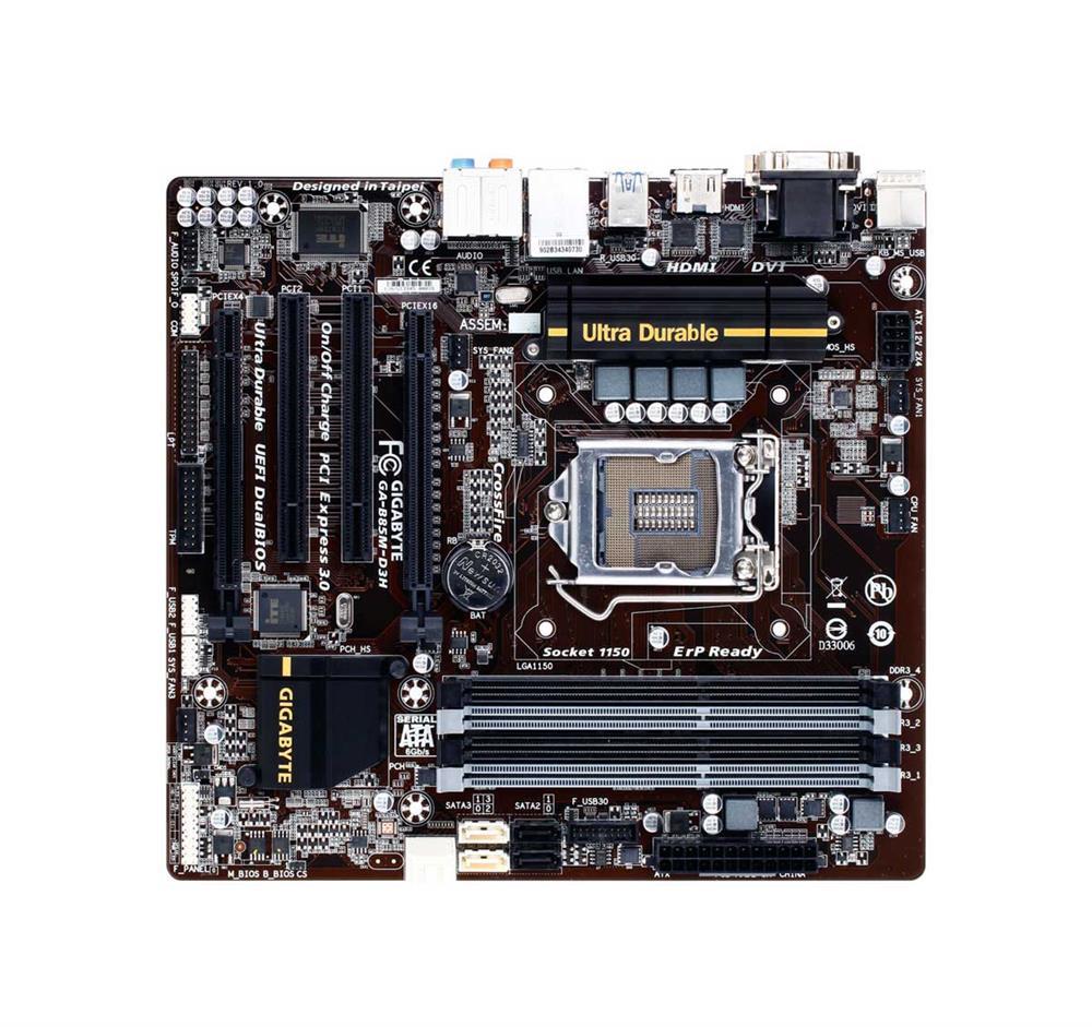 GA-B85M-D3H (rev. 1.2) Gigabyte Socket LGA 1150 Intel B85 Express Chipset Core i7 / i5 / i3 / Pentium / Celeron Processors Support DDR3 4x DIMM 4x SATA 6.0Gb/s Micro-ATX Motherboard (Refurbished)