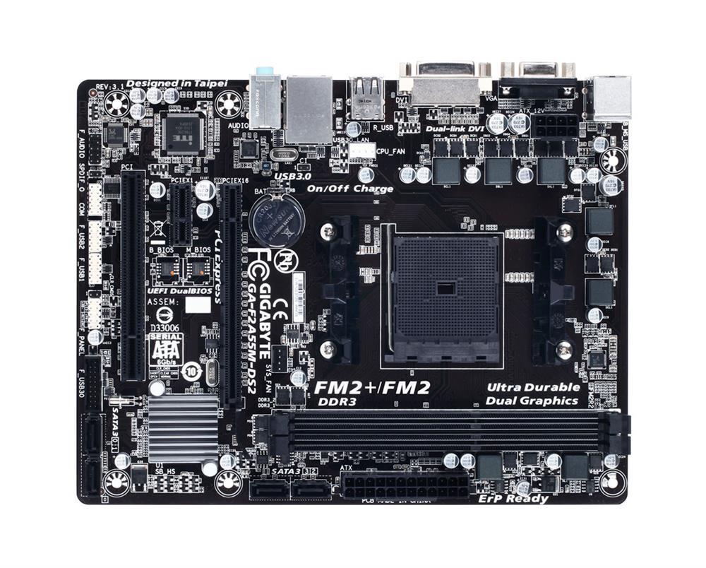 GA-F2A55M-DS2(rev.1.2) Gigabyte Socket FM2+ AMD A55 Chipset AMD A-Series Processors Support DDR3 2x DIMM 4x SATA 3.0Gb/s Micro-ATX Motherboard (Refurbished) GA-F2A55M-DS2 (rev. 1.2)