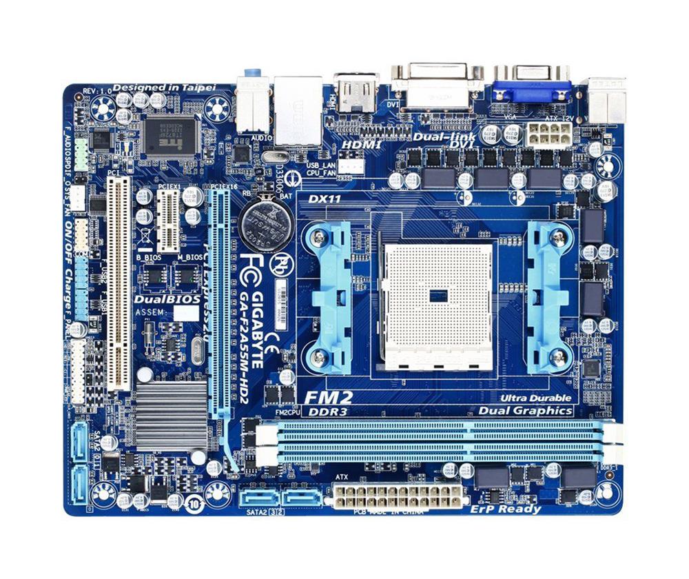GA-F2A55M-HD2(rev.3.0) Gigabyte Socket FM2 AMD A55 Chipset AMD A-Series/ AMD Athlon Series Processors Support DDR3 2x DIMM 4x SATA 3.0Gb/s Micro-ATX Motherboard (Refurbished) GA-F2A55M-HD2 (rev. 3.0)