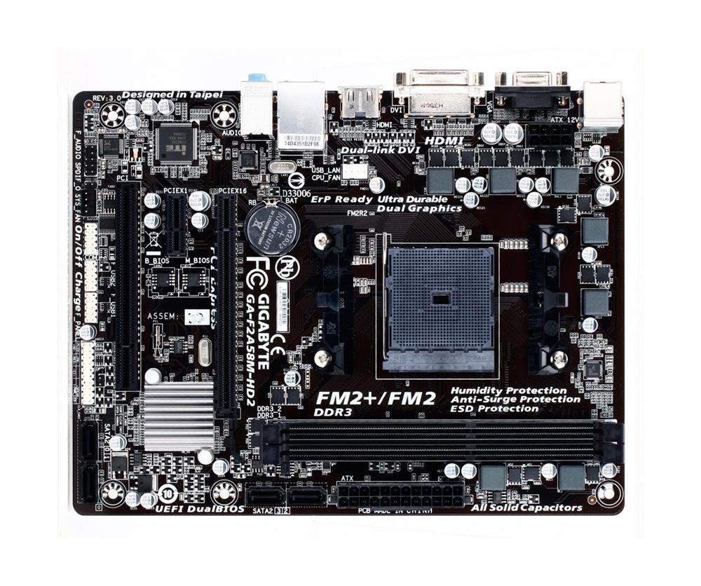 GA-F2A58M-HD2(rev.3.x) Gigabyte Socket FM2+ AMD A85 Chipset AMD A-Series/ AMD Athlon Series Processors Support DDR3 2x DIMM 4x SATA 3.0Gb/s Micro-ATX Motherboard (Refurbished) GA-F2A58M-HD2 (rev. 3.x)