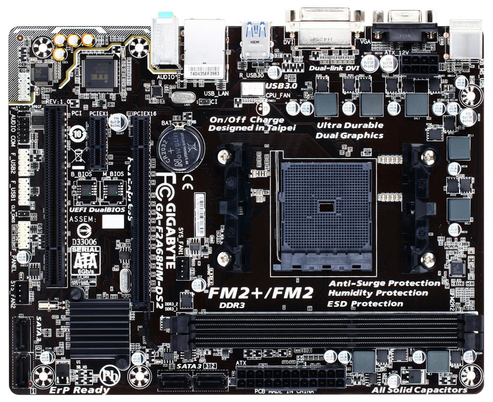 GA-F2A68HM-DS2 Gigabyte Socket FM2+ AMD A68H Chipset AMD A-Series/ AMD Athlon Processors Support DDR3 2x DIMM 4x SATA 6.0Gb/s Micro-ATX Motherboard (Refurbished)