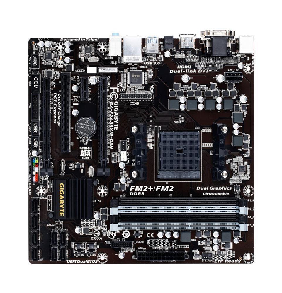 GA-F2A88XM-D3H (rev. 3.1) Gigabyte Socket FM2+ AMD A88X Chipset AMD A-Series/ AMD Athlon Processors Support DDR3 4x DIMM 8x SATA 6.0Gb/s Micro-ATX Motherboard (Refurbished)