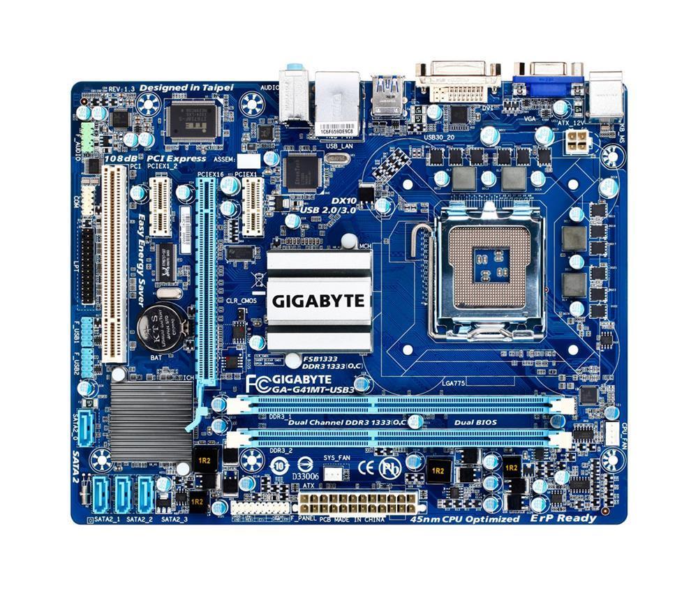 GA-G41MT-USB3(rev.1.3) Gigabyte Socket 775 Intel G41/ ICH7 Chipset Core 2 Extreme/ Core 2 Quad/ Core 2 Duo/ Pentium / Celeron Processors Support DDR3 2x DIMM 4x SATA 3.0Gb/s Micro-ATX Motherboard (Refurbished) GA-G41MT-USB3 (rev. 1.3)