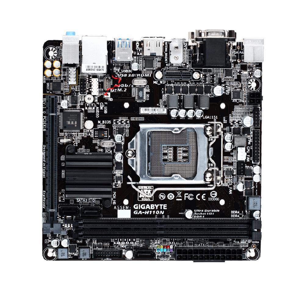 GA-H110N (rev. 1.0) Gigabyte Socket LGA 1151 Intel H110 Express Chipset 7th/6th Generation Core i7 / i5 / i3 / Pentium / Celeron Processors Support DDR4 2x DIMM 3x SATA 6.0Gb/s Mini-ITX Motherboard (Refurbished)
