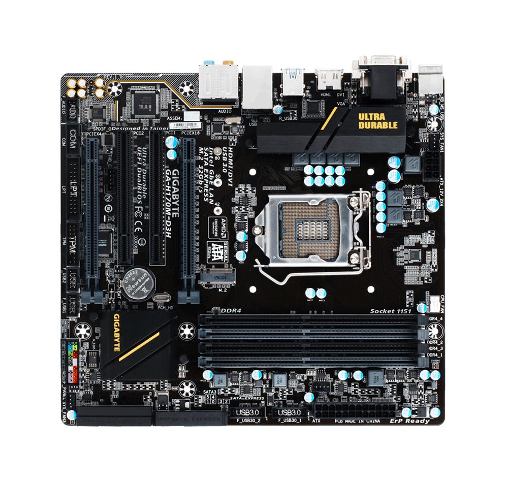GA-H170M-D3H Gigabyte Socket LGA 1151 Intel H170 Express Chipset 7th/6th Generation Core i7 / i5 / i3 / Pentium / Celeron Processors Support DDR4 4x DIMM 6x SATA 6.0Gb/s Micro-ATX Motherboard (Refurbished)