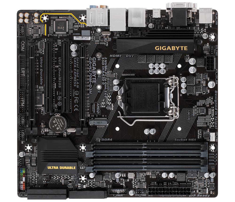 GA-H270M-D3H Gigabyte Ultra Durable Desktop Motherboard Intel H270 Chipset Socket H4 LGA-1151 (Refurbished)