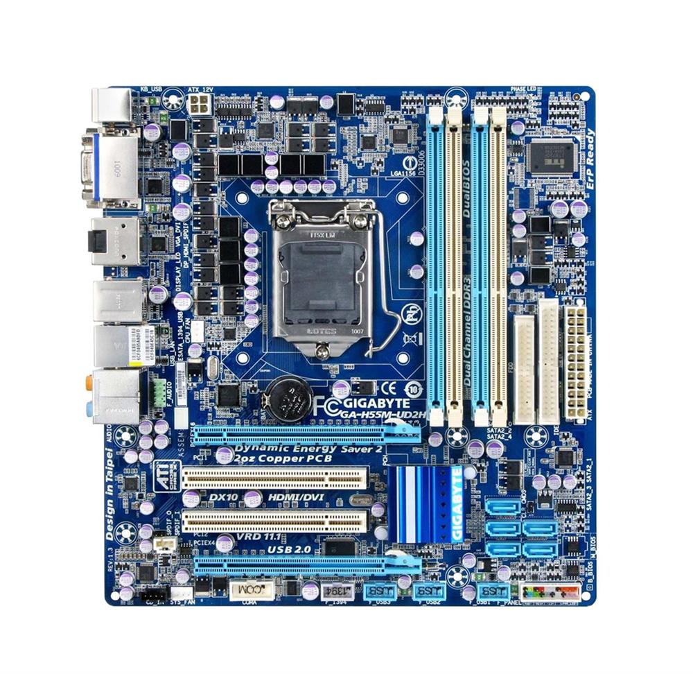 GA-H55M-UD2H(rev.1.0) Gigabyte Socket LGA 1156 Intel H55 Express Chipset Core i7 / i5 / i3 Processors Support DDR3 4x DIMM 5x SATA 3.0Gb/s Micro-ATX Motherboard (Refurbished) GA-H55M-UD2H (rev. 1.0)