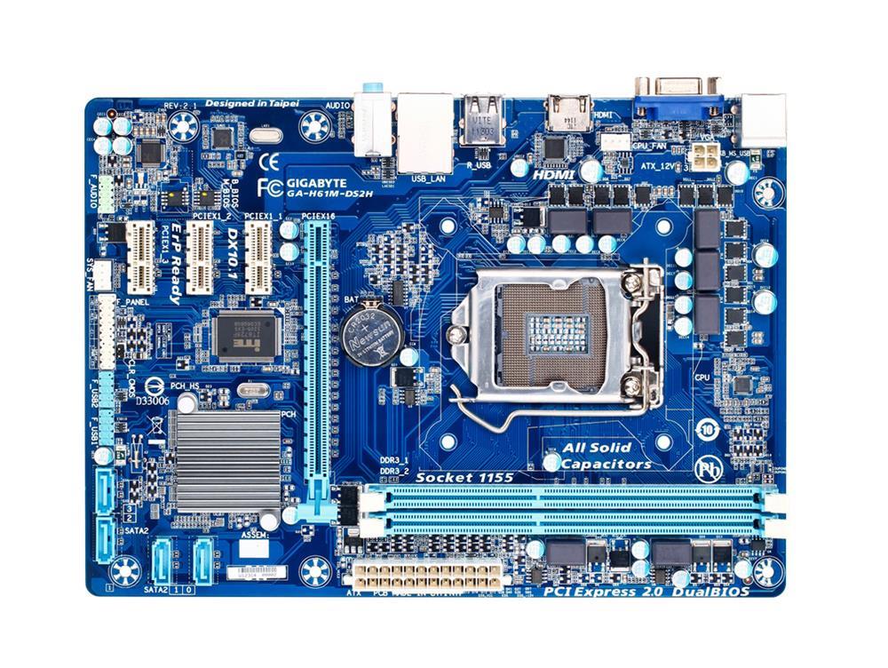 GA-H61M-DS2H(rev.2.1) Gigabyte Socket LGA 1155 Intel H61 Express Chipset Core i7 / i5 / i3 / Pentium / Celeron Processors Support DDR3 2x DIMM 4x SATA 3.0Gb/s Micro-ATX Motherboard (Refurbished) GA-H61M-DS2H (rev. 2.1)