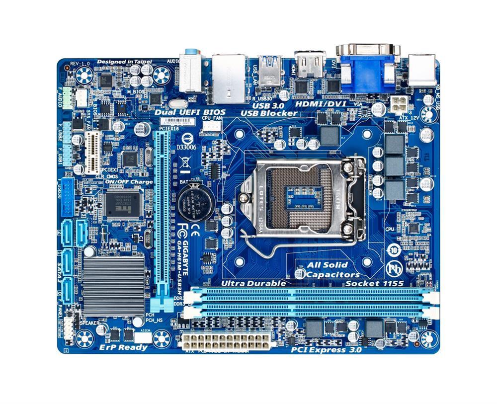 GA-H61M-USB3H(rev.1.0) Gigabyte Socket LGA 1155 Intel H61 Express Chipset Core i7 / i5 / i3 / Pentium / Celeron Processors Support DDR3 2x DIMM 4x SATA 3.0Gb/s Micro-ATX Motherboard (Refurbished) GA-H61M-USB3H (rev. 1.0)