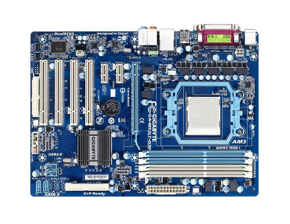 GA-M52LT-D3P(rev.3.0) Gigabyte Socket AM3+ Nvidia nForce 520LE Chipset AMD Phenom II/ AMD Athlon Processors Support DDR3 4x DIMM 2x SATA 3.0Gb/s ATX Motherboard (Refurbished) GA-M52LT-D3P (rev. 3.0)