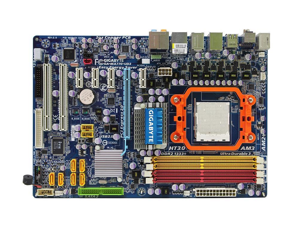 GA-MA770-UD3(rev.2.0) Gigabyte Socket AM2+ AMD 770/ SB710 Chipset AMD Phenom II X4/ AMD Phenom II X3/ AMD Phenom FX/ AMD Phenom X4/ AMD Phenom X3/ AMD Athlon X2/ AMD Athlon/ AMD Sempron X2/ AMD Sempron Processors Support DDR2 4x DIMM 6x SATA 3.0Gb/s ATX Motherboard (Refurbished) GA-MA770-UD3 (rev. 2.0)