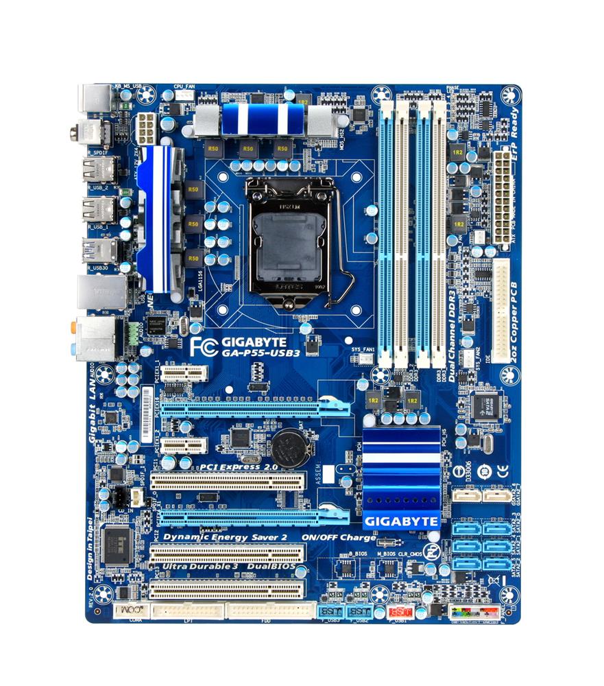 GA-P55-USB3 Gigabyte Socket LGA 1156 Intel P55 Express Chipset Core i7 / i5 / i3 Processors Support DDR3 4x DIMM 6x SATA 3.0Gb/s ATX Motherboard (Refurbished)