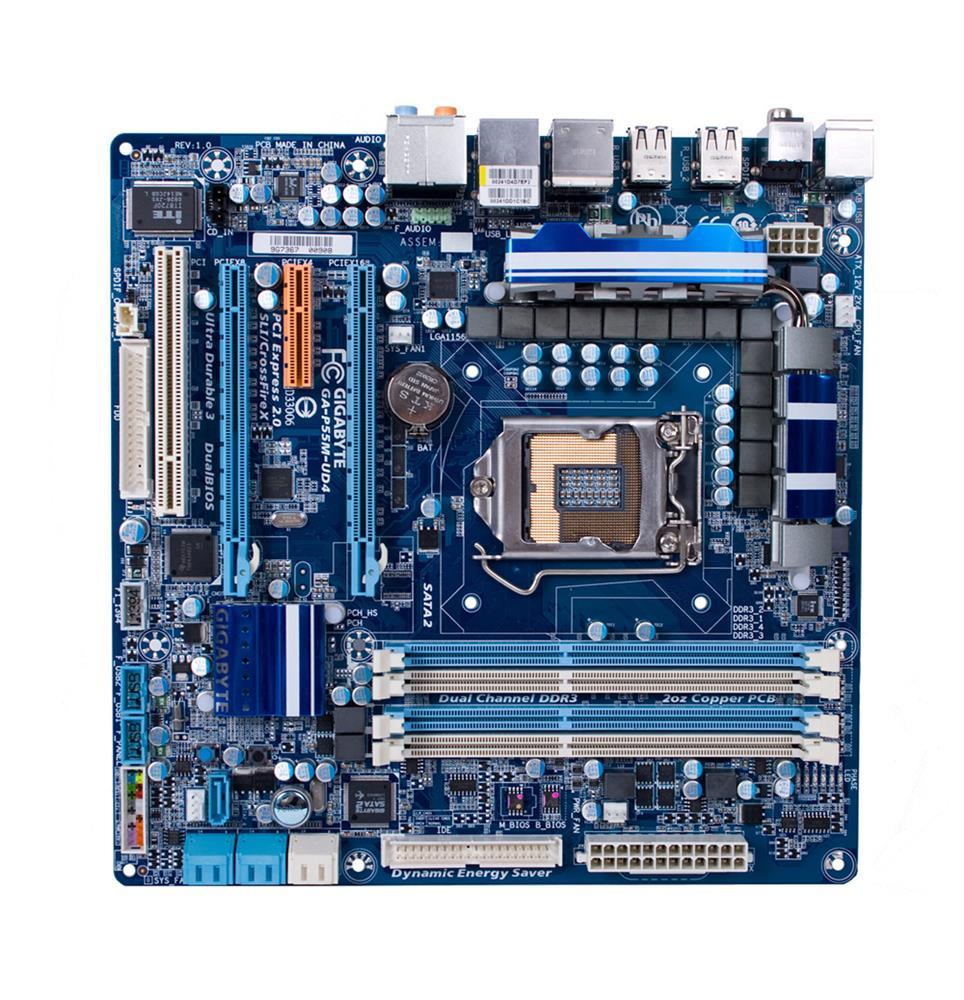GA-P55M-UD4(rev.1.0) Gigabyte Socket LGA 1156 Intel P55 Express Chipset Core i7 / i5 / i3 Processors Support DDR3 4x DIMM 5x SATA 3.0Gb/s Micro-ATX Motherboard (Refurbished)