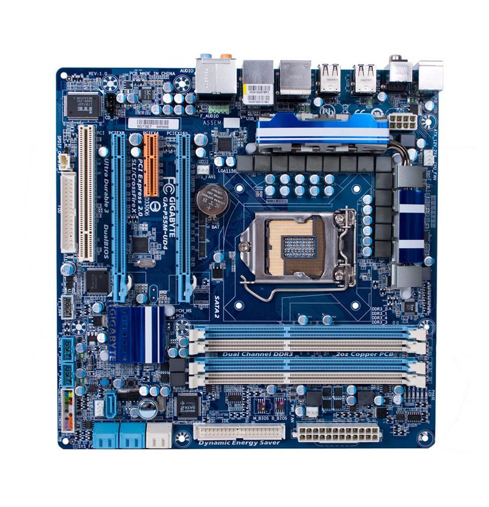 GA-P55M-UD4 Gigabyte Socket LGA 1156 Intel P55 Express Chipset Core i7 / i5 / i3 Processors Support DDR3 4x DIMM 5x SATA 3.0Gb/s Micro-ATX Motherboard (Refurbished)