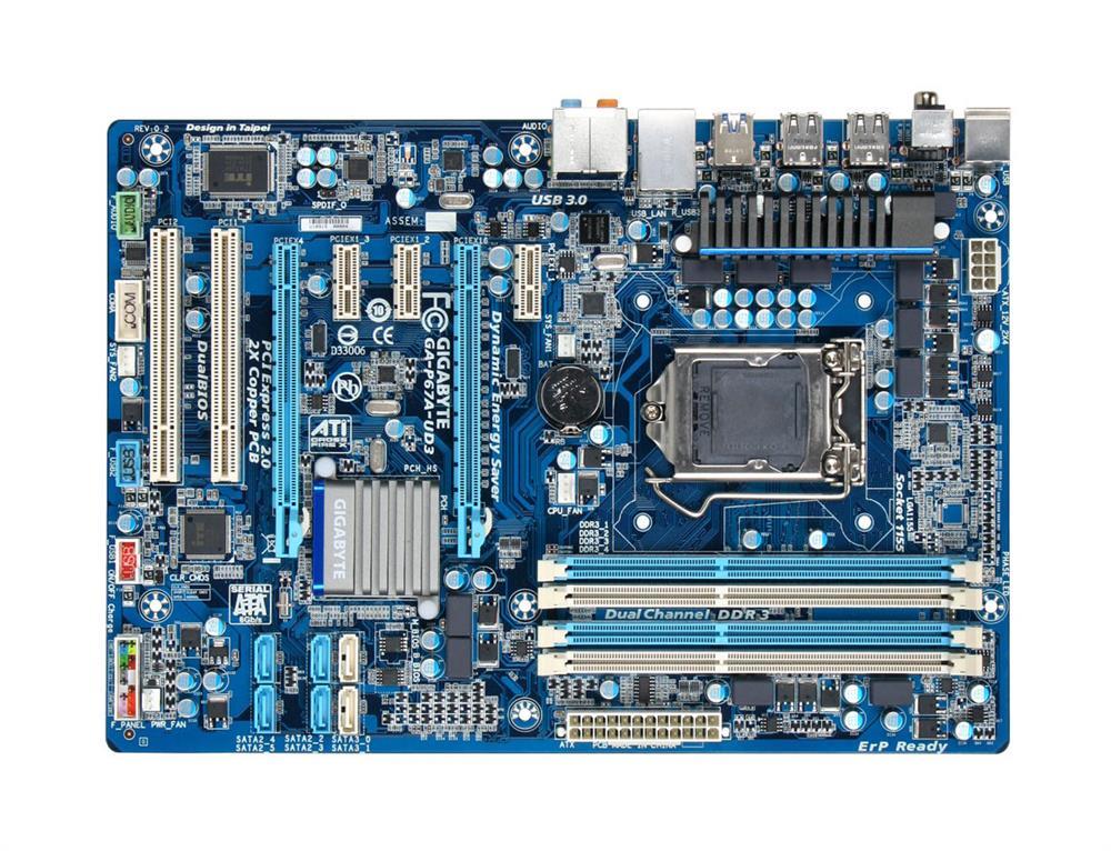 GA-P67A-UD3 (rev. 1.0) Gigabyte Socket LGA 1155 Intel P67 Express Chipset Core i7 / i5 / i3 / Pentium / Celeron Processors Support DDR3 4x DIMM 2x SATA 6.0Gb/s ATX Motherboard (Refurbished)