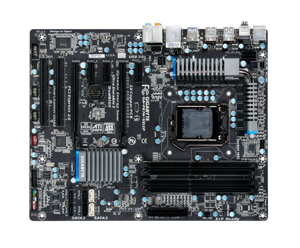 GA-P67A-UD3P(rev.1.1) Gigabyte Socket LGA 1155 Intel P67 Express Chipset Core i7 / i5 / i3 / Pentium / Celeron Processors Support DDR3 4x DIMM 2x SATA 6.0Gb/s ATX Motherboard (Refurbished) GA-P67A-UD3P (rev. 1.1)