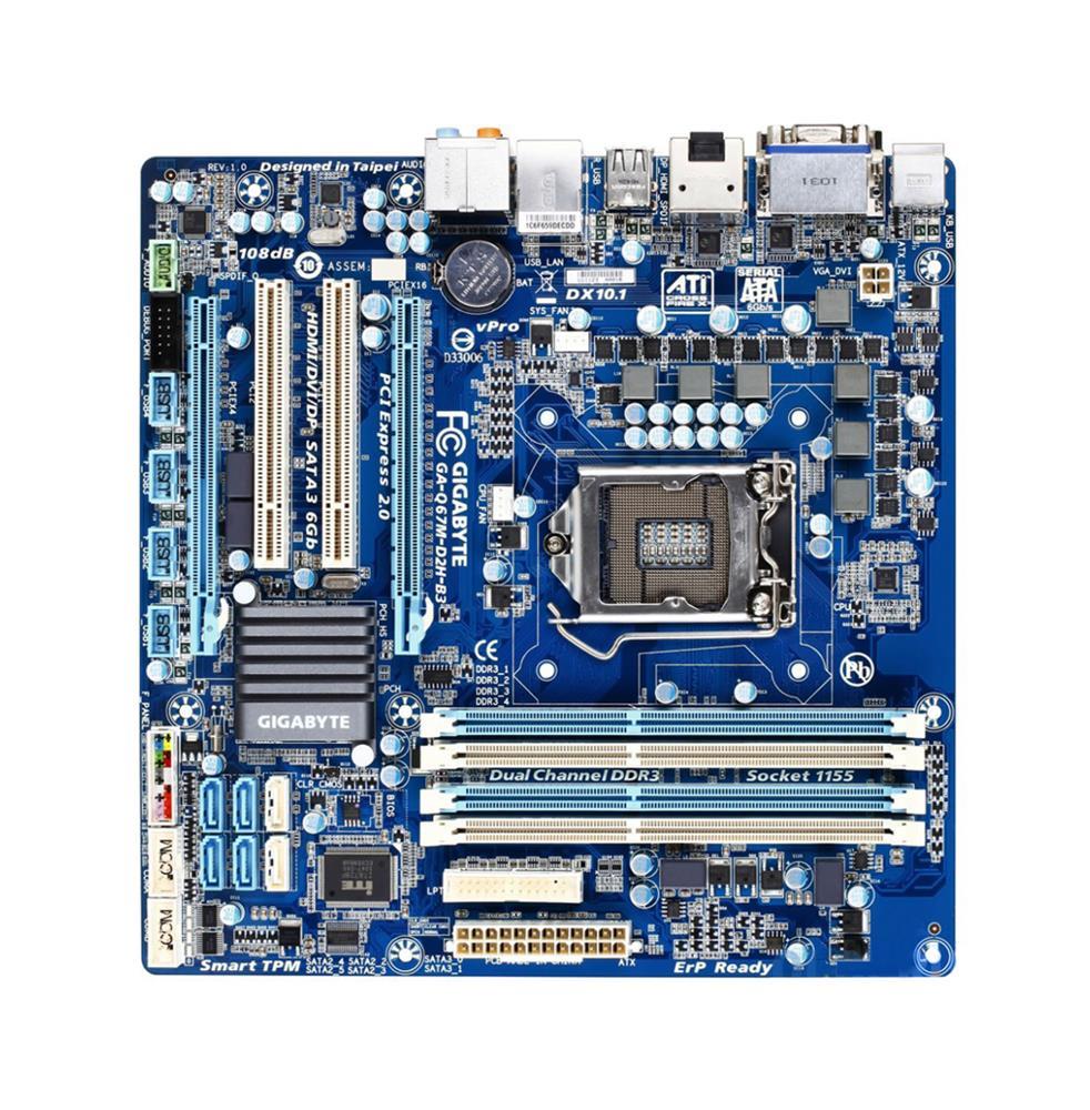 GA-Q67M-D2H-B3 (rev. 1.0) Gigabyte Socket LGA 1155 Intel Q67 Express Chipset Core i7 / i5 / i3 / Pentium / Celeron Processors Support DDR3 4x DIMM 2x SATA 6.0 Micro-ATX Motherboard (Refurbished)