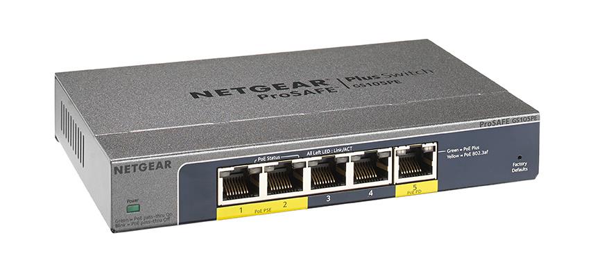 GS105PE Netgear ProSafe Plus 5-Port Gigabit PoE Pass Through Switch 5 Network Twisted Pair 2 Layer Supported Desktop (Refurbished)