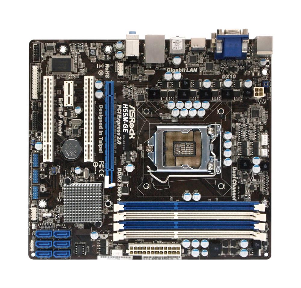 H55M-GE-R2 ASRock H55M-GE R2.0 Socket LGA 1156 Intel H55 Chipset Core i7 / i5 / i3 / Pentium Processors Support DDR3 4x DIMM 6x SATA2 3.0Gb/s Micro-ATX Motherboard (Refurbished)