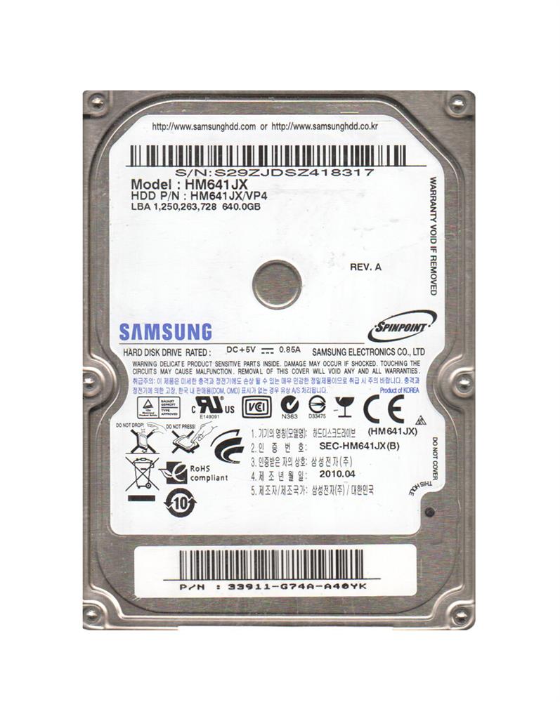 HM641JX Samsung Spinpoint 640GB 5400RPM USB 2.0 8MB Cache 2.5-inch Internal Hard Drive