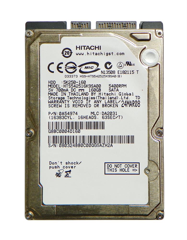 HTS542516K9SA00 Hitachi Travelstar 5K250 160GB 5400RPM SATA 1.5Gbps 8MB Cache 2.5-inch Internal Hard Drive