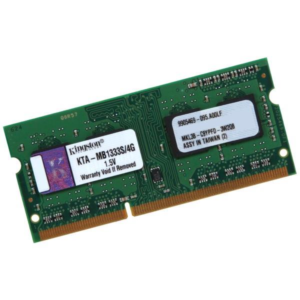 KTA-MB1333S/4G Kingston 4GB PC3-10600 DDR3-1333MHz non-ECC Unbuffered CL9 204-Pin SoDimm Single Rank Memory Module