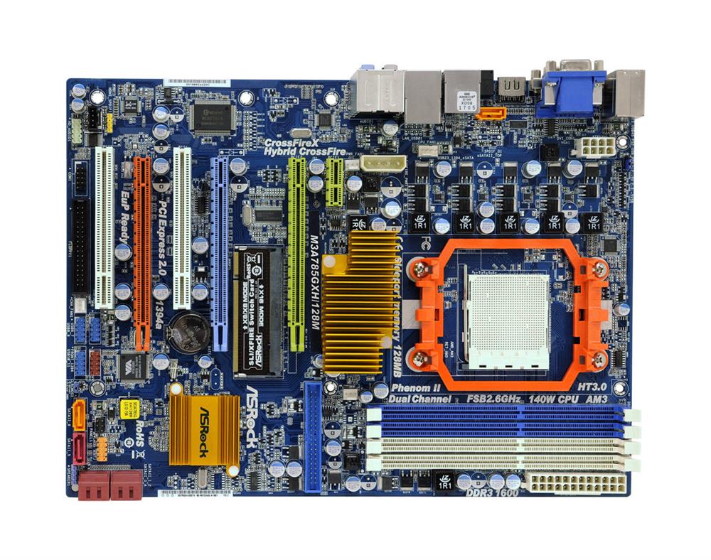 M3A785GXH/128M ASRock Socket AM3 AMD 785G + SB710 Chipset AMD Phenom II X6/ Phenom II X4/ Phenom II X3/ Phenom II X2/ AMD Athlon II X4/ Athlon II X3/ Athlon II X2/ AMD Sempron Processors Support DDR3 4x DIMM 6x SATA2 3.0Gb/s ATX Motherboard (Refurbished)