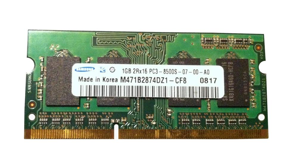 M471B2874DZ1-CF8 Samsung 1GB PC3-8500 DDR3-1066MHz non-ECC Unbuffered CL7 204-Pin SoDimm Dual Rank Memory Module