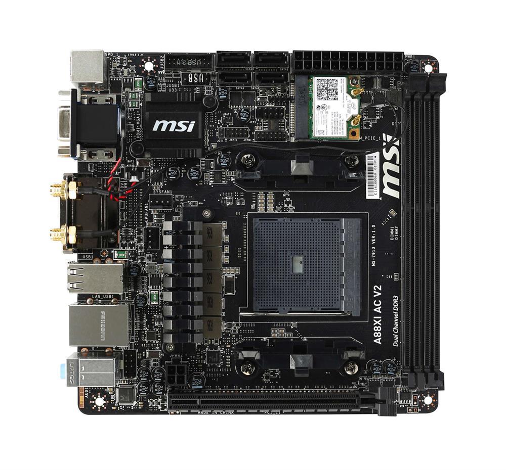 MB-A88XIV2 MSI A88XI AC V2 Socket FM2+ AMD A88X Chipset AMD A-Series/ Athlon Series Processors Support DDR3 2x DIMM 4x SATA 6.0Gb/s Mini-ITX Motherboard (Refurbished)