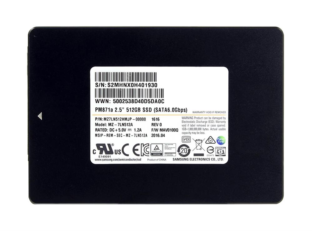 MZ7LN512HMJP-00000 Samsung PM871a Series 512GB TLC SATA 6Gbps 2.5-inch Internal Solid State Drive (SSD)