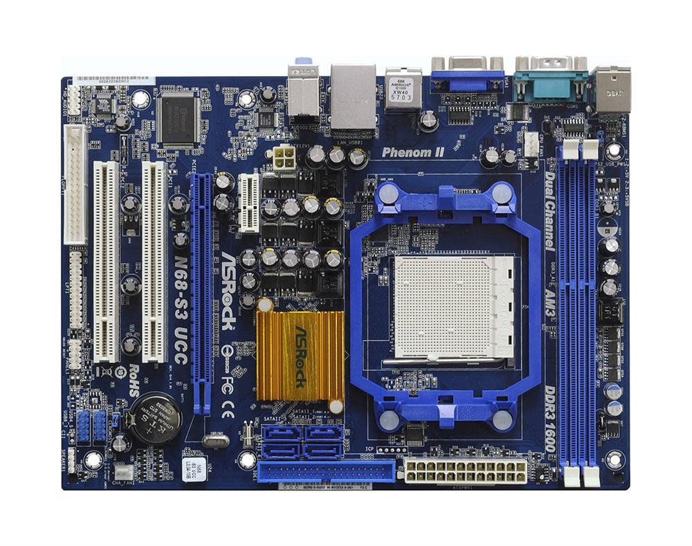 N68-S3-UCC ASRock Socket AM3 Nvidia GeForce 7025/ nForce 630a Chipset AMD Phenom II X6/ II X4/ II X3/ II X2/ AMD Athlon II X4/ II X3/ II X2/ AMD Sempron Processors Support DDR3 2x DIMM 4x SATA2 3.0Gb/s Micro-ATX Motherboard (Refurbished)
