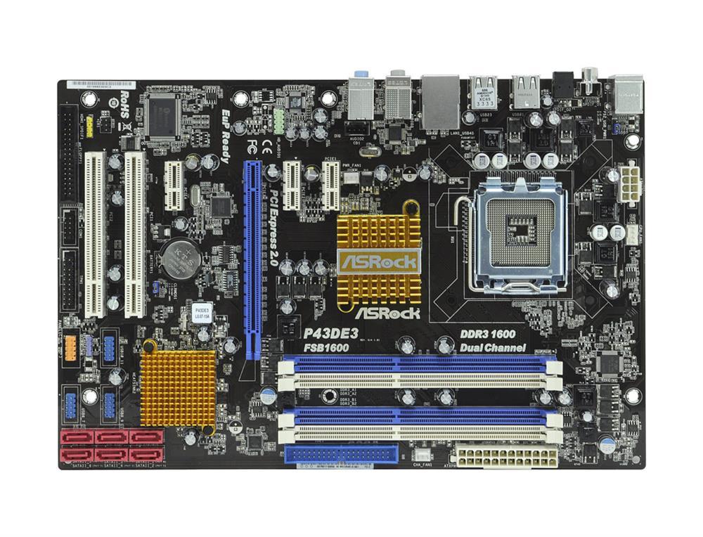 P43DE3 ASRock Socket LGA 775 Intel P43 + ICH10 Chipset Core 2 Extreme/ Core 2 Quad/ Core 2 Duo/ Pentium Dual-Core/ Celeron Dual-Core Processors Support DDR3 4x DIMM 6x SATA2 3.0Gb/s ATX Motherboard (Refurbished)